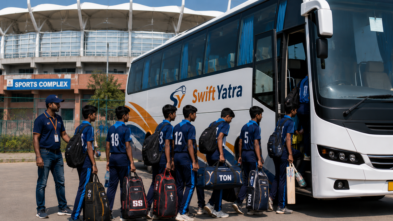 Sports team boarding a charter bus