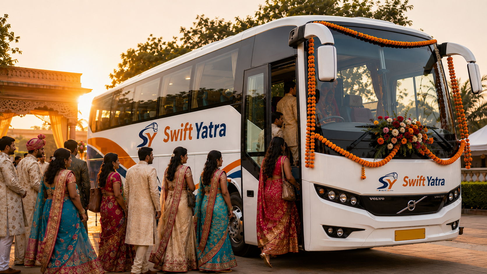 Wedding guests boarding a decorated bus