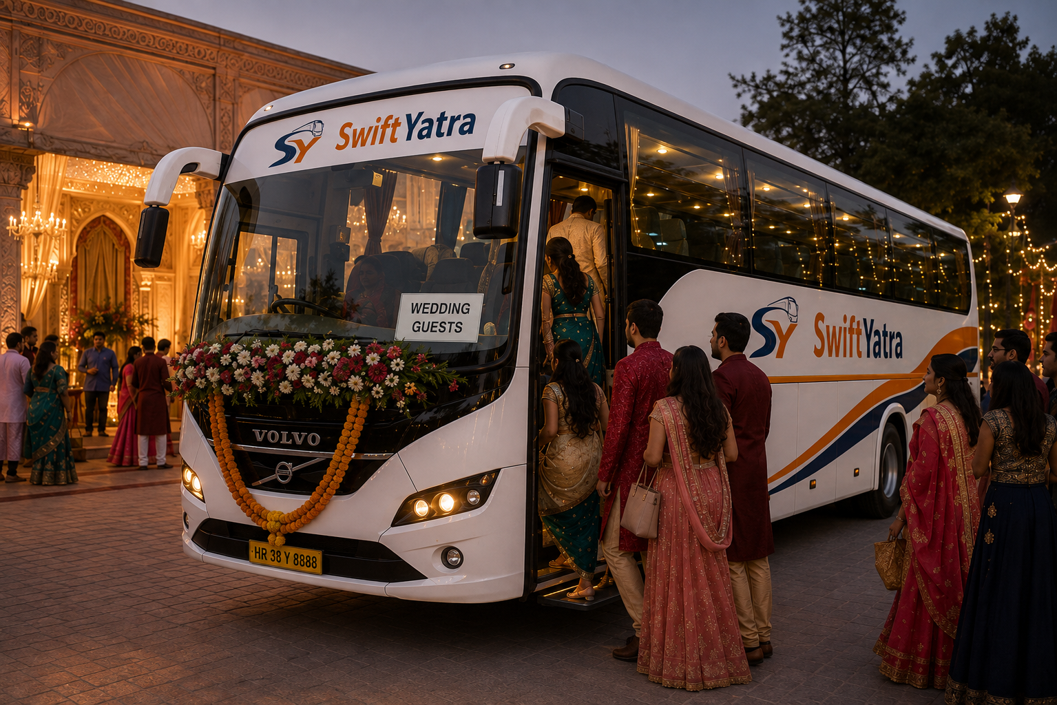 Decorated wedding guest bus