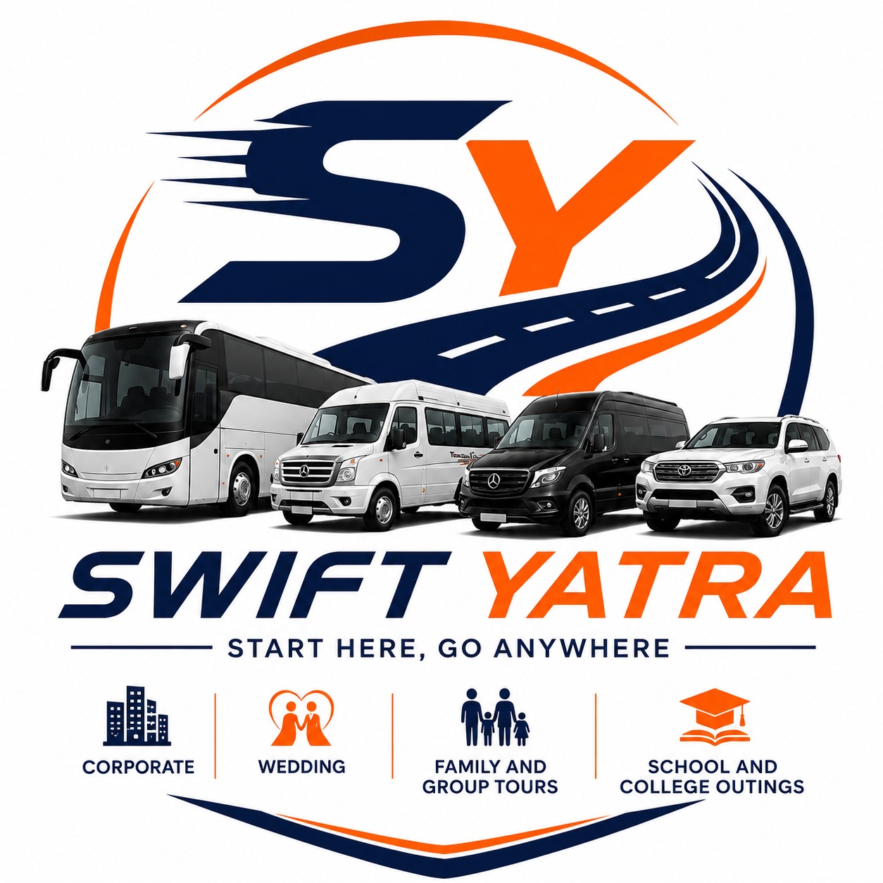 SwiftYatra charter bus and team
